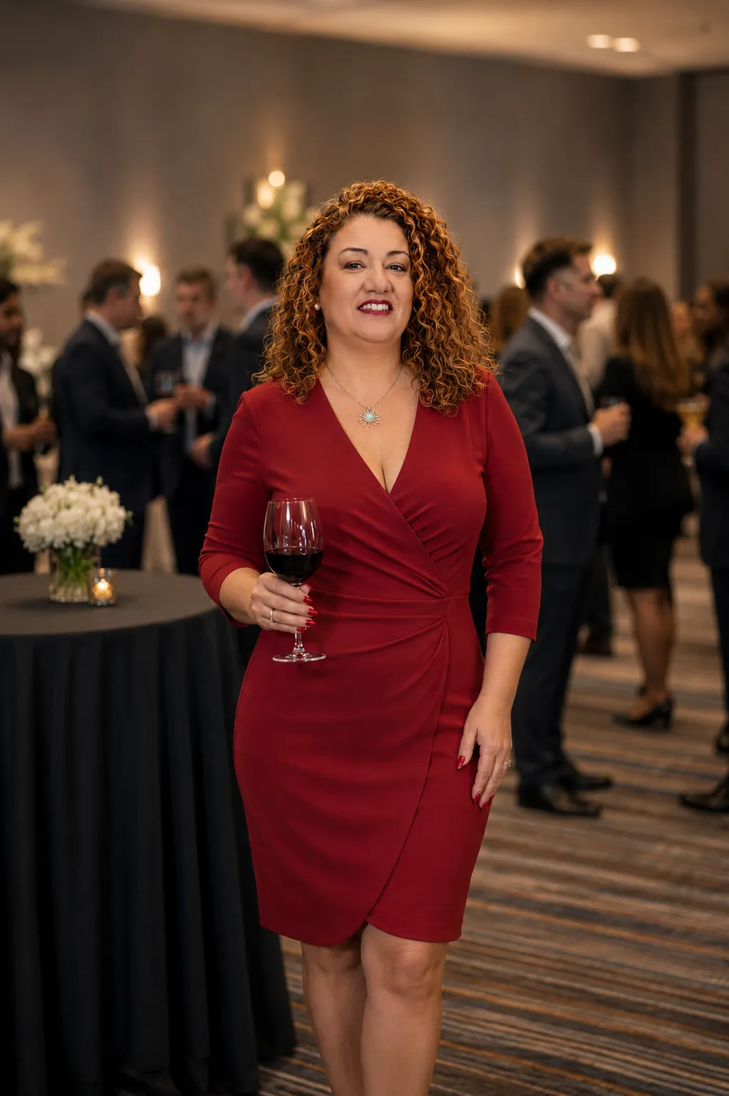 Leticia Centurión con vestido rojo durante una conferencia
